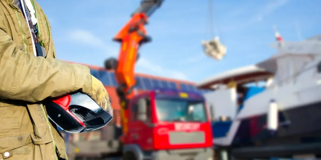 Osoba trzymająca kask na tle maszyn budowlanych